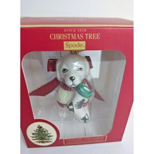 Spode Christmas Tree Puppy Dog Ceramic Ornament White Red Sweater New in Box